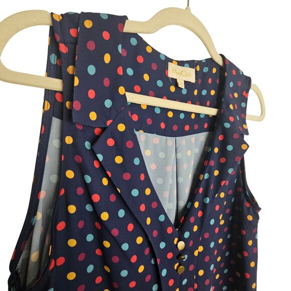 Modcloth Blouse Sleeveless Top Navy Blue Polka Dot Vneck Shirt Women L Tank Top - Picture 4 of 8